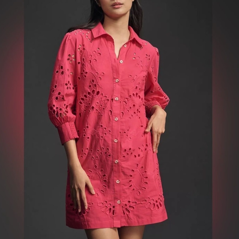 NWOT Anthropologie Pink Embroidered Eyelet Shirt Dress